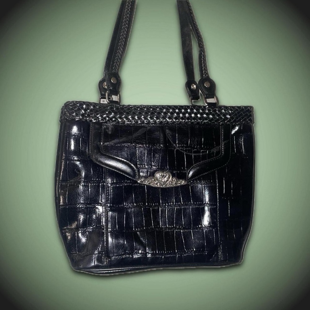 Black Croc-Embossed Tote Bag with Silver Accent